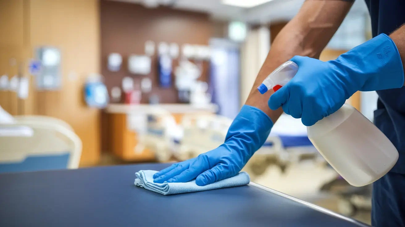 Ruka v modré rukavici dezinfikující stůl v nemocničním pokoji. Přejít na službu úklid zdravotnických zařízení.